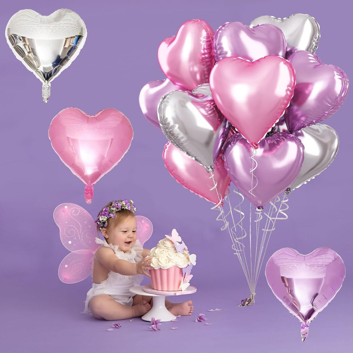 Pink Purple Foil Heart Balloons, 18 Inch 12Pcs Lavender Purple Pink and Silver Heart Shape Foil