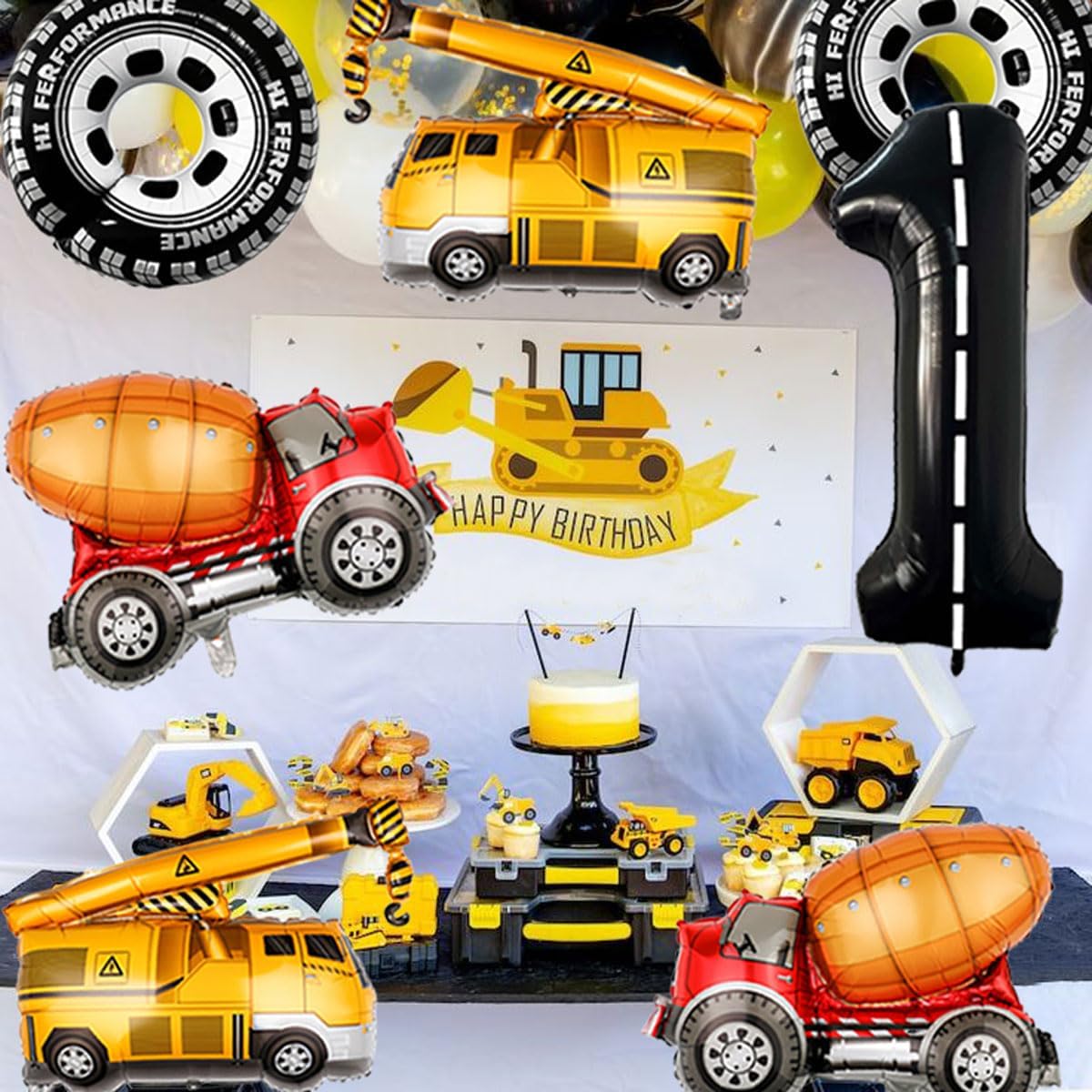1st Birthday Decorations for Boys Construction Balloons 40inch Number 1 Balloons Truck Foil Balloon