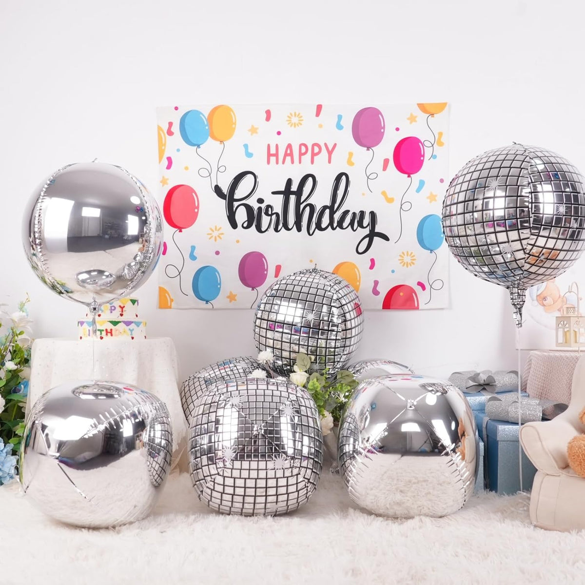 6Pcs 22 Inch Silver Balloons, Disco Ball Balloons with Silver Round Foil Balloon, 70s 80s 90s Theme