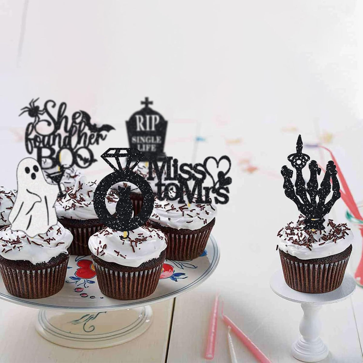 Halloween Bachelorette Cupcake Topper She Found Her Boo Rip Single Life Miss To Mrs Ring Cat Skull