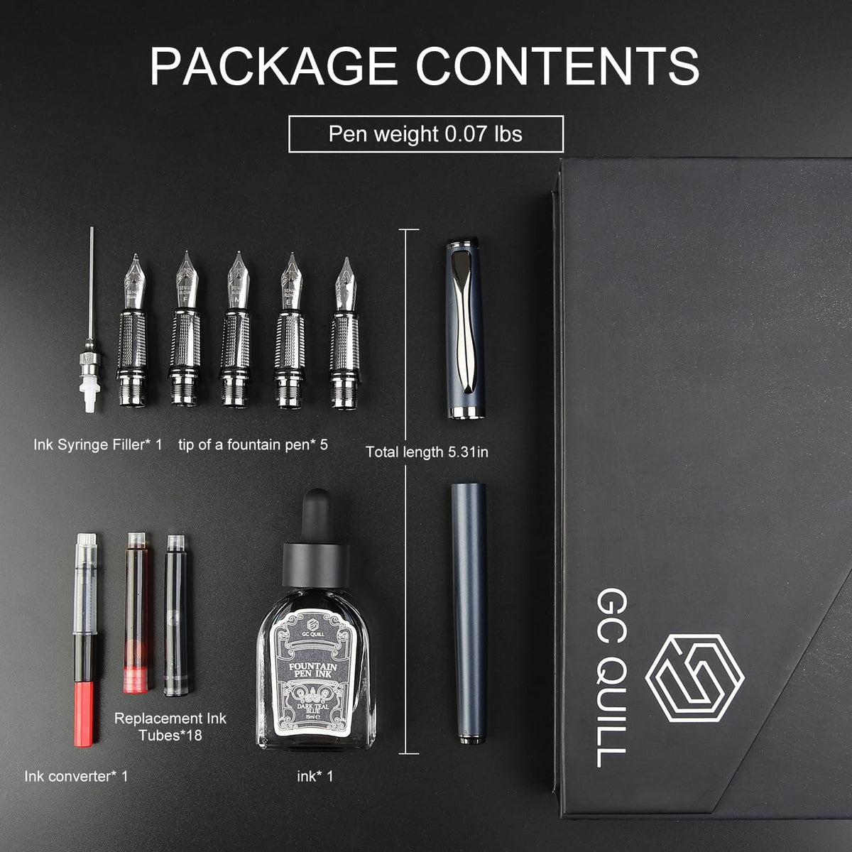 GC QUILL Calligraphy Fountain Pen Set - Includes 5 Nibs, Ink Bottle, Ink Refill Converter and 18