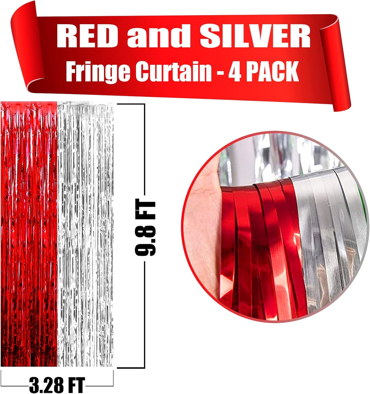 4 Pack Silver Red Foil Fringe Curtain Backdrop, 3.28Ft x 9.8Ft Metallic Tinsel Foil Fringe