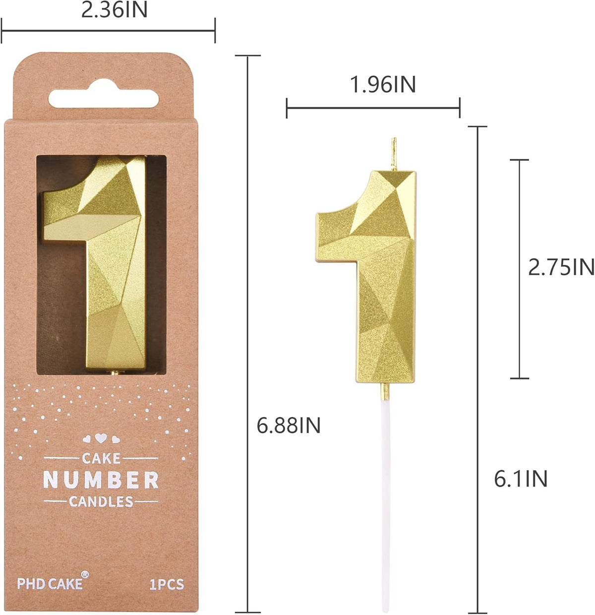 PHD CAKE 2.76 Inch Crystal Gold 1 Number Birthday Candles, Gold Number Candles, Cake Number