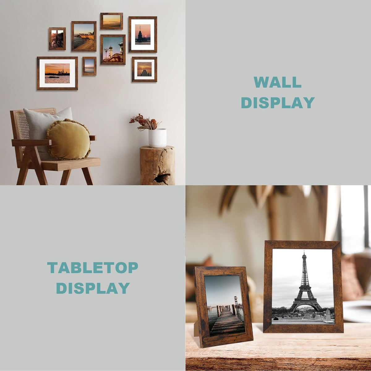 10x14 Picture Frame Set of 4 with Tempered Glass, Rustic Frame Display 8x12 Pictures with Mat or 10