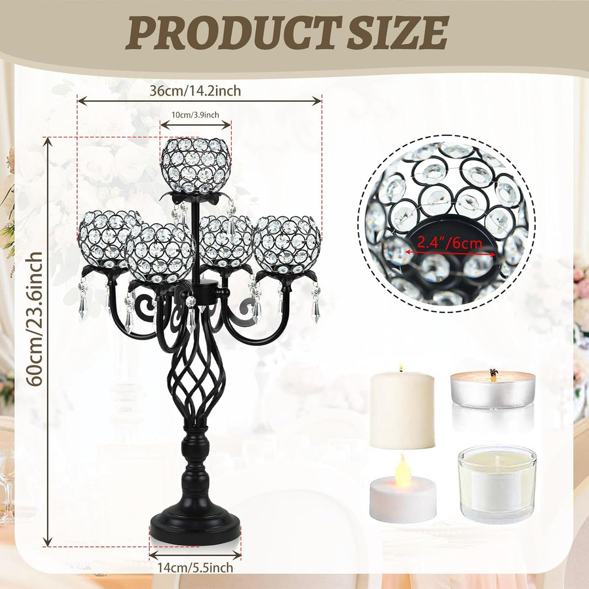 5-Arm Crystal Candelabra Centerpiece 23.2" Tall - Elegant Candle Holder Stand with Crystal Bowl