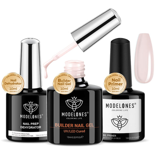 modelones Nail Dehydrator and Primer with Builder Nail Gel, 3Pcs Cover Nude Pink LED Gel Builder
