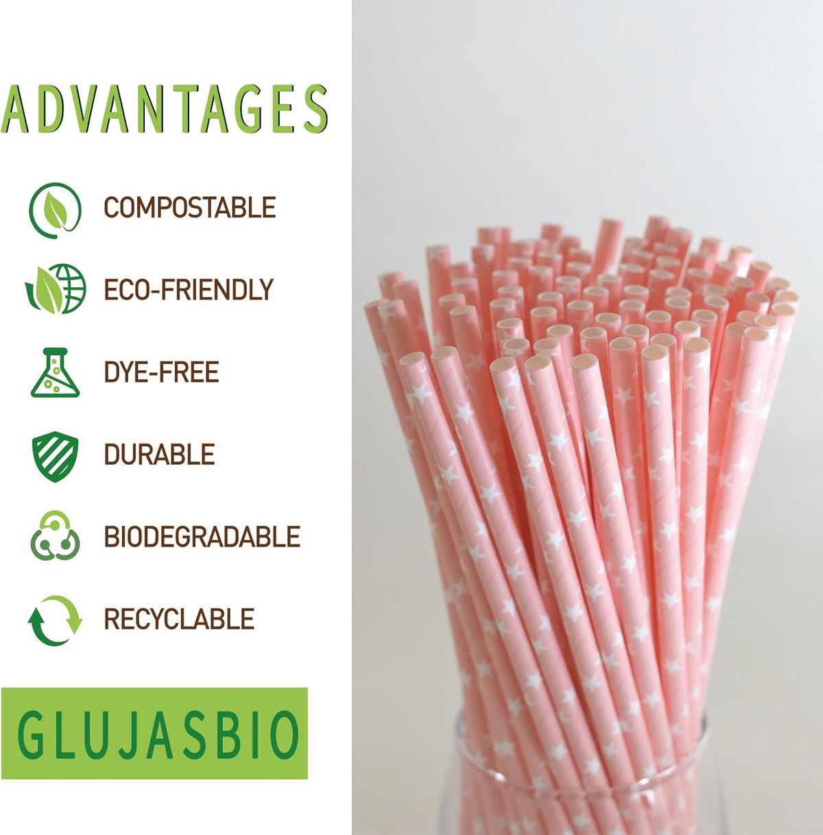 Pink Straws Disposable Biodegradable Star Paper Straws for Cocktail, Coffee, Juice, Lemonade, 100