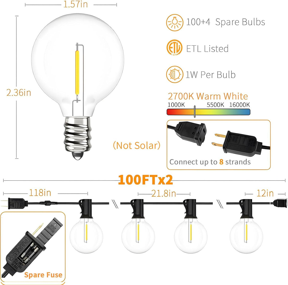 Svater Outdoor String Lights 200 FT, Patio Lights with 104 Shatterproof LED Bulbs, Commercial Grade