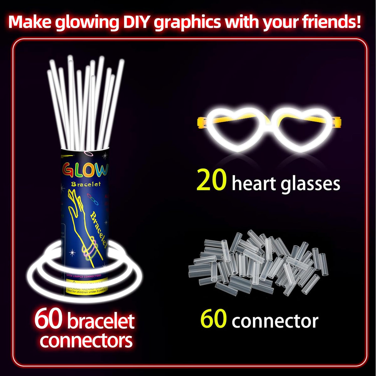 60 Pack 8” White Glow Sticks Bulk Bright Glow Sticks with 60 Connectors 20 Heart Glasses Glow In