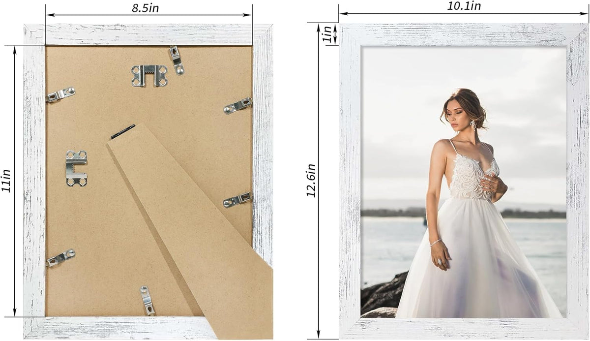 8.5x11 Picture Frame Set of 4, Distressed White Certificate Frame with Real Glass, Wood Photo