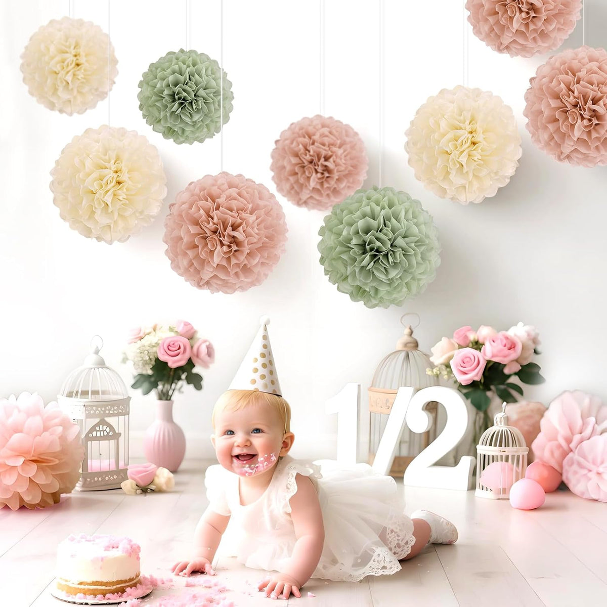 EASY JOY Sage Green Tissue Pom Poms Paper Flowers Decorations Natural Green Boho Hanging Décor for