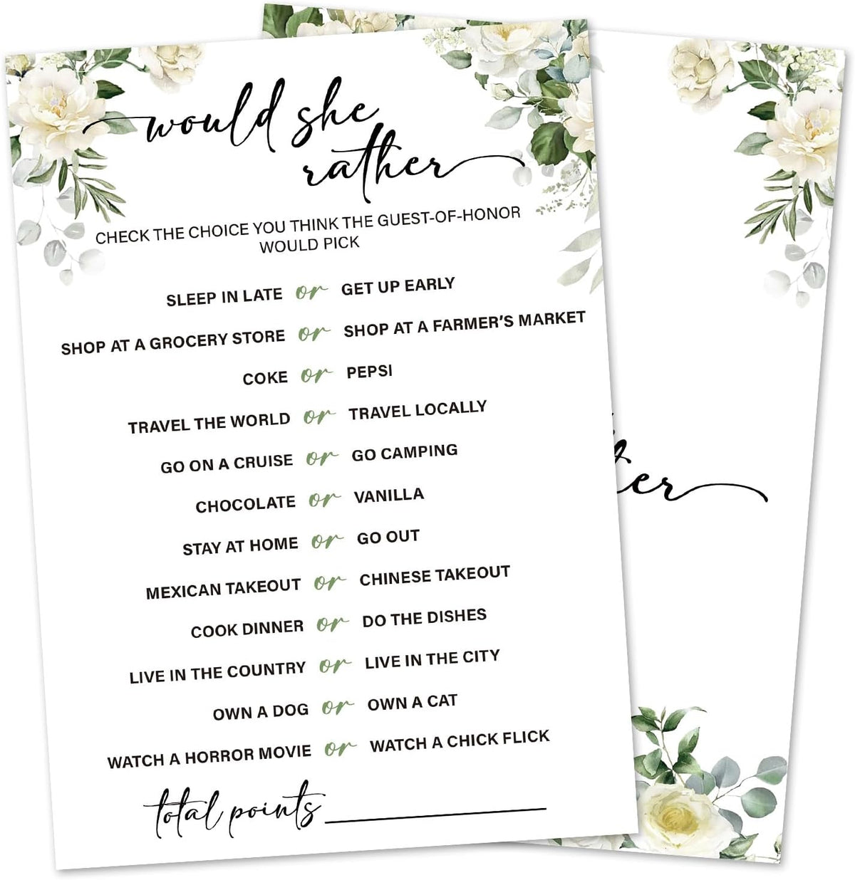 Eucalyptus Bridal Shower Games 30 Guests, Would She Rould Bridal Games for Showers, White Rose