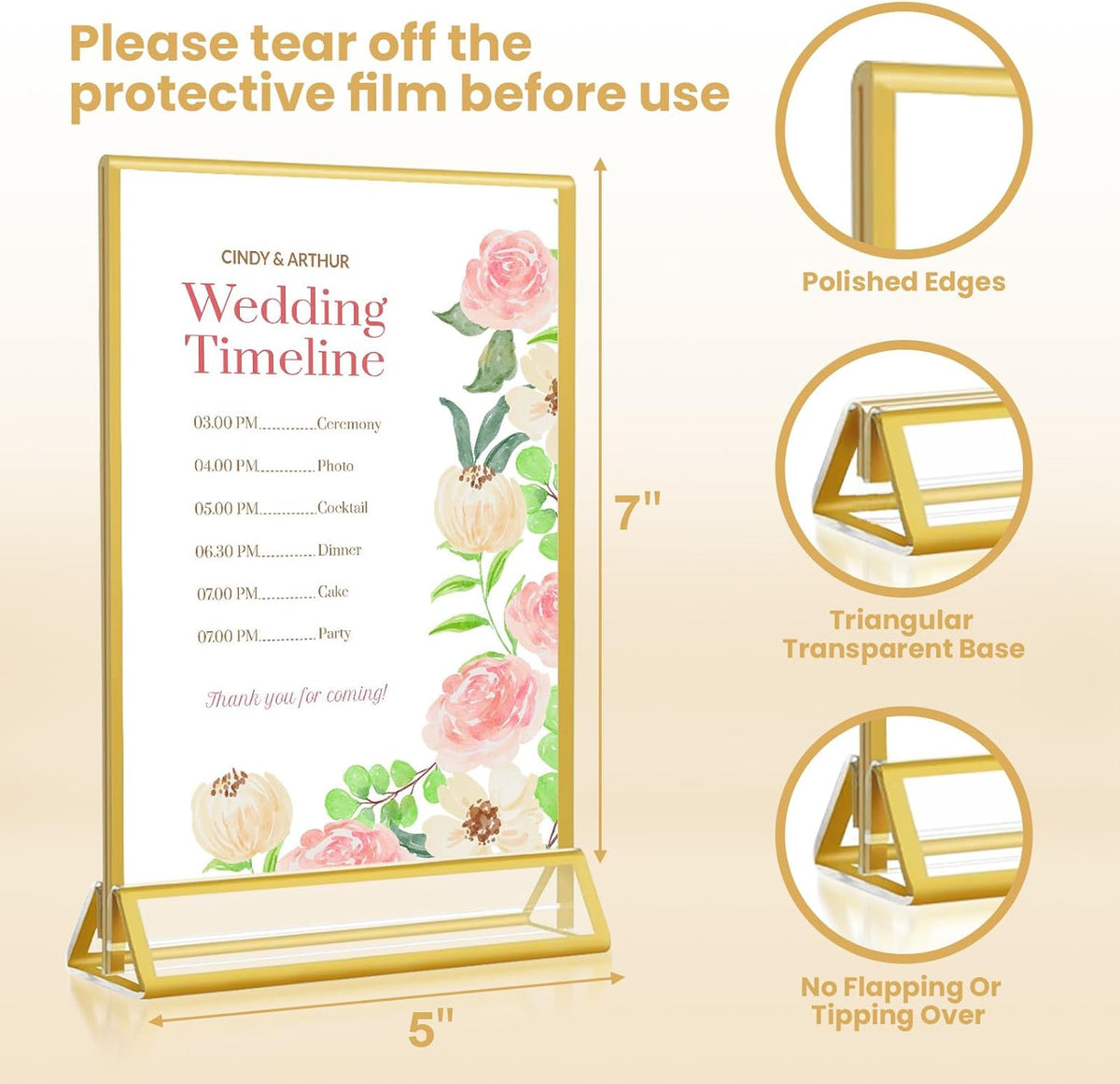 5x7 Gold Acrylic Sign Holder, 12 Pack Wedding Table Number Stands With Vertical Gold Borders