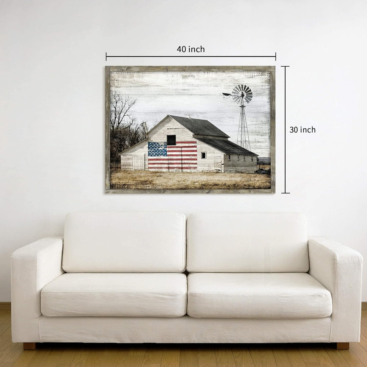 Rustic Landscape Wooden Picture Artwork - Neutral Color Barn with USA Flag Accent Windmill Painting