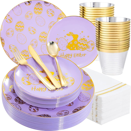 Festiva 175Pcs Easter Plates and Napkins Disposable - Purple and Gold Plastic Dinnerware Set for 50