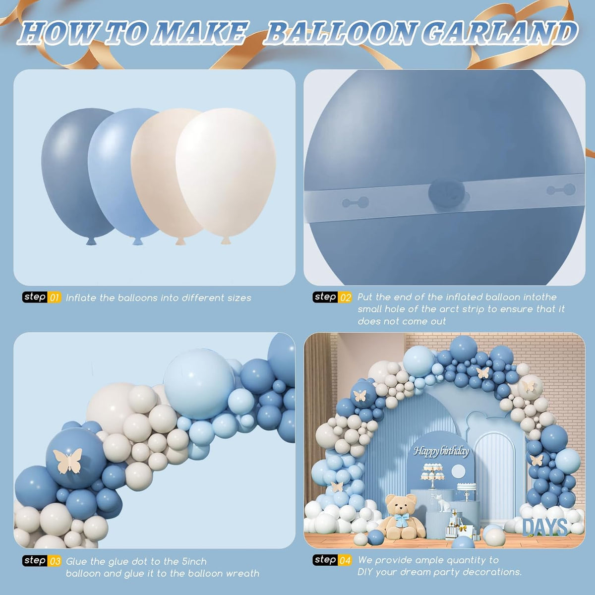 412Pcs Dusty Blue White Sand Balloon Arch Garland Kit,18 12 10 5 Inch Slate Fog Baby Blue Macaron