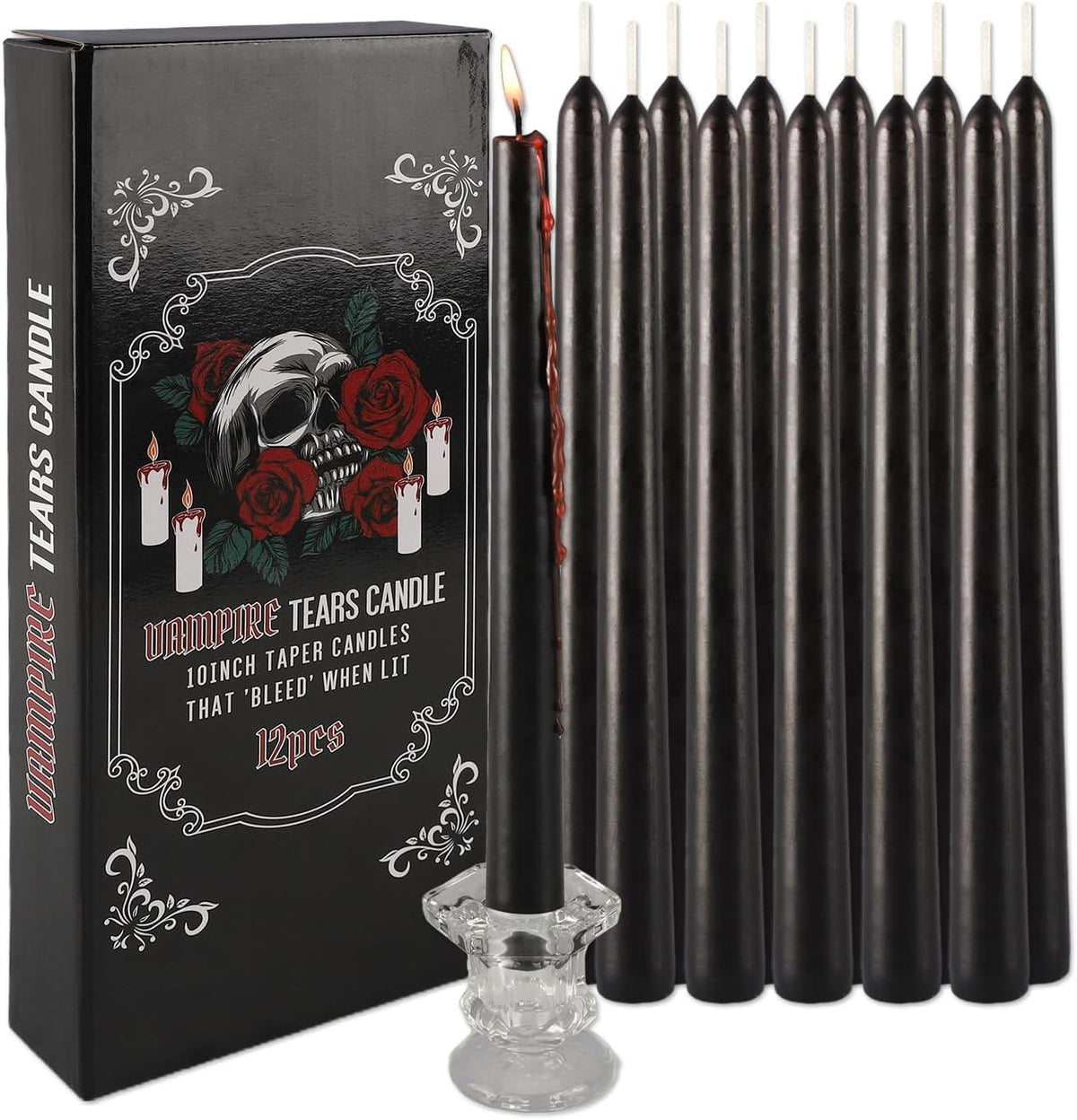12PCS 10-Inch Black Bleeding Taper Candles,Vampire Tears Taper Candles- Unscented Candle Pack Ideal