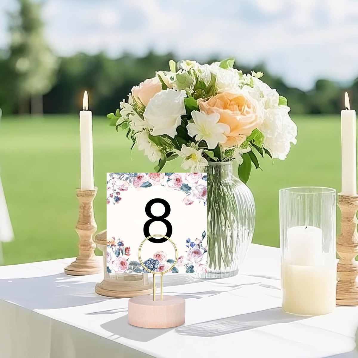 Oubest Table Number Holders Pack of 10 Metal Wire with Wooden Base for Better Stability Place Card