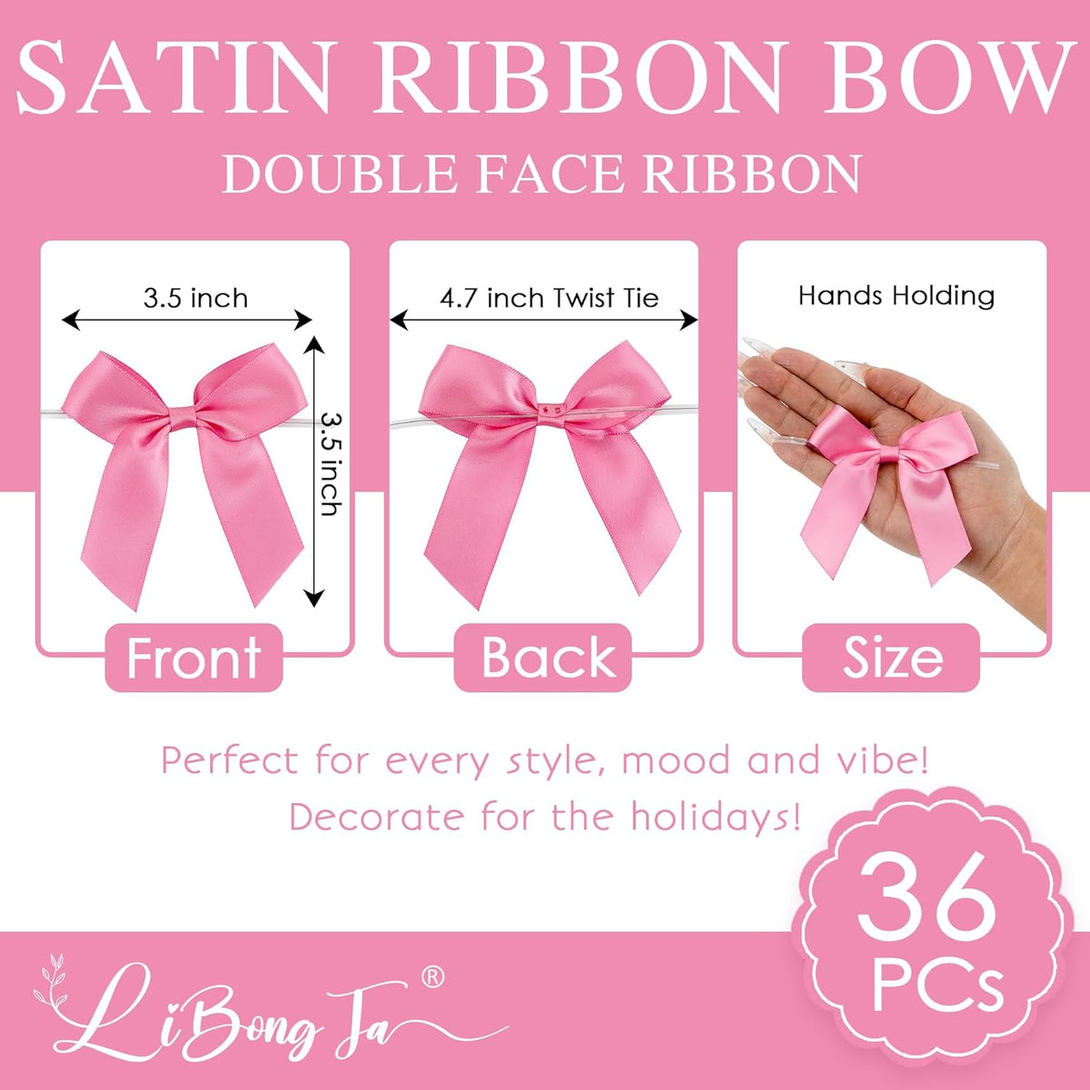 3.5" Hot Pink Bow Satin Pre-Tied Bows for Gift Wrapping, Small Bows for Crafts, Premade Bows, Candy
