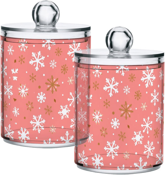 Gredecor 2 Pack Qtip Holder Clear Christmas Golden Pink Snowflakes Apothecary Jars with Lids