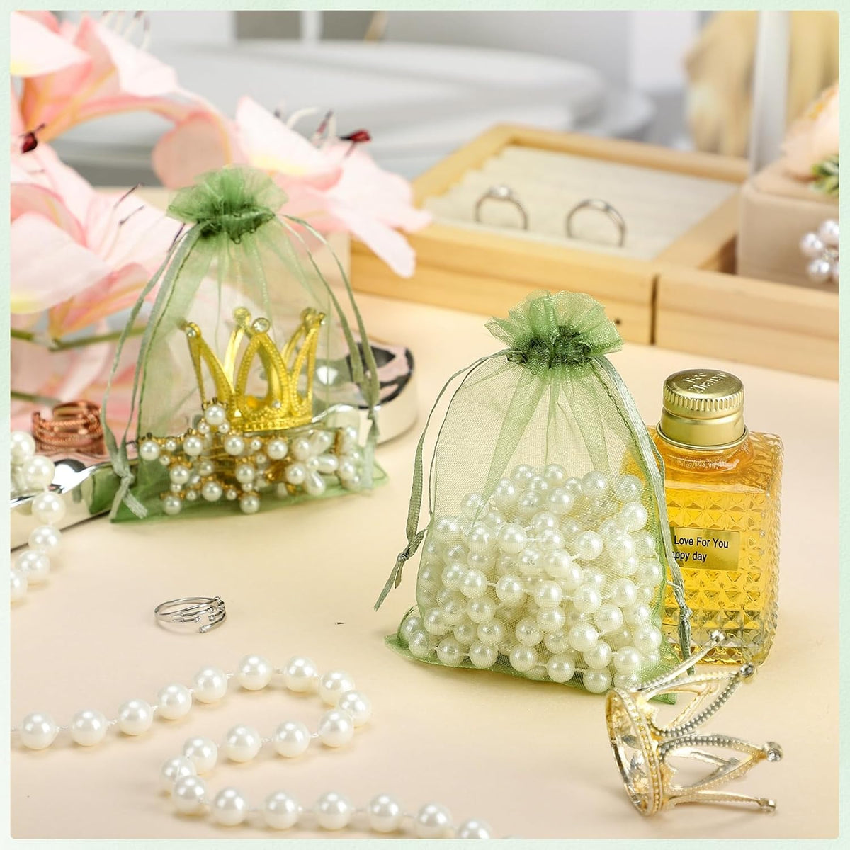 120PCS Sage Green Small Drawstring Bags 3.5x4.7 Inch Organza Bags Mini Mesh Gift Jewelry Pouches
