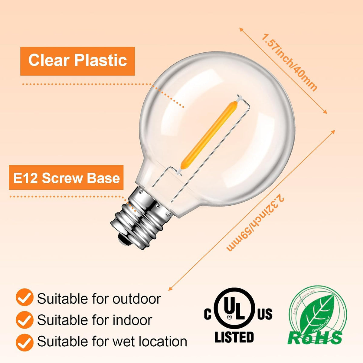 50 Pack G40 LED Replacement Bulbs for Outdoor String Lights, Dimmable, Warm White, E12 Screw Base