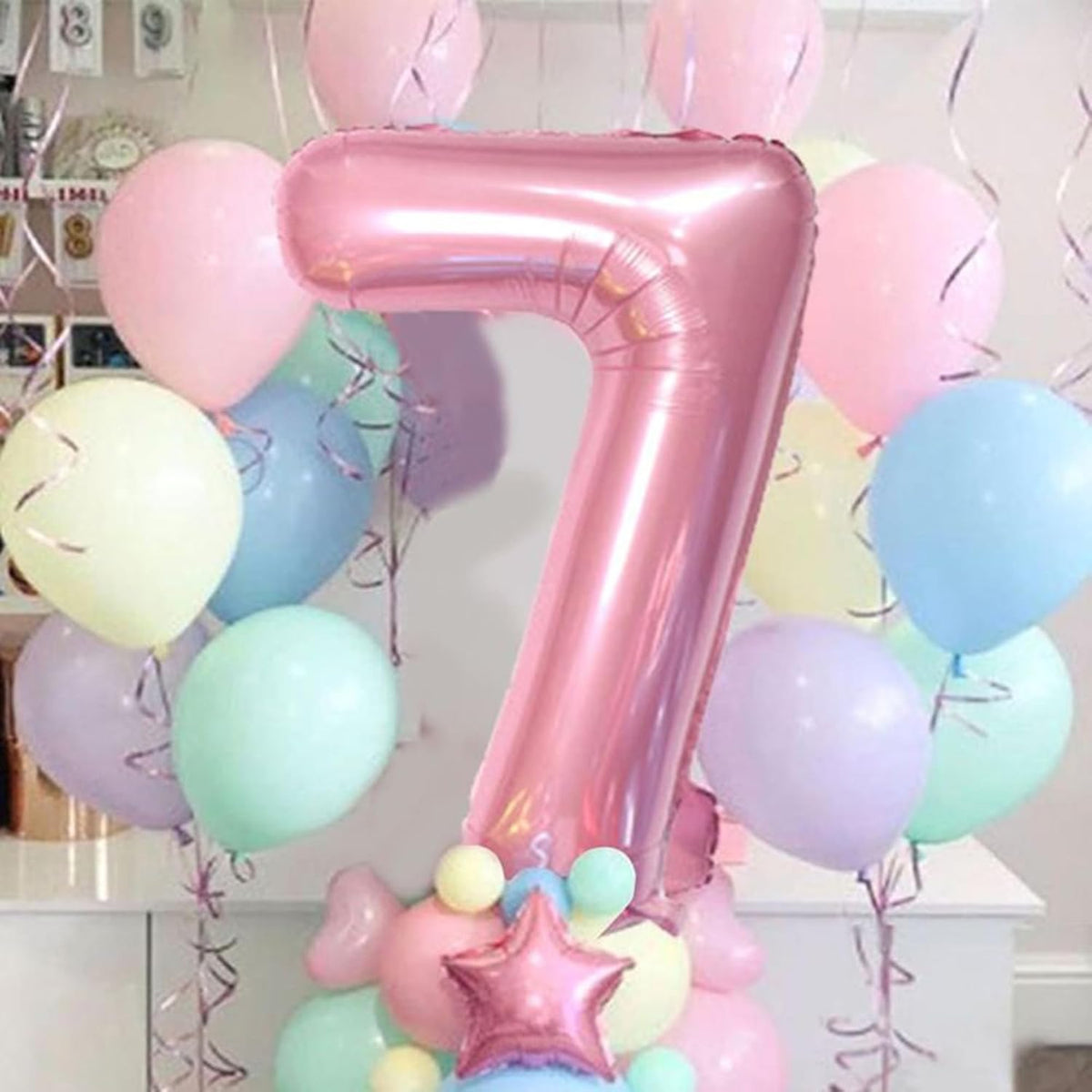 Light Pink Number 7 Balloon 40 Inch Big Self Inflating Foil Number Balloons 0-9, Pastel Pink