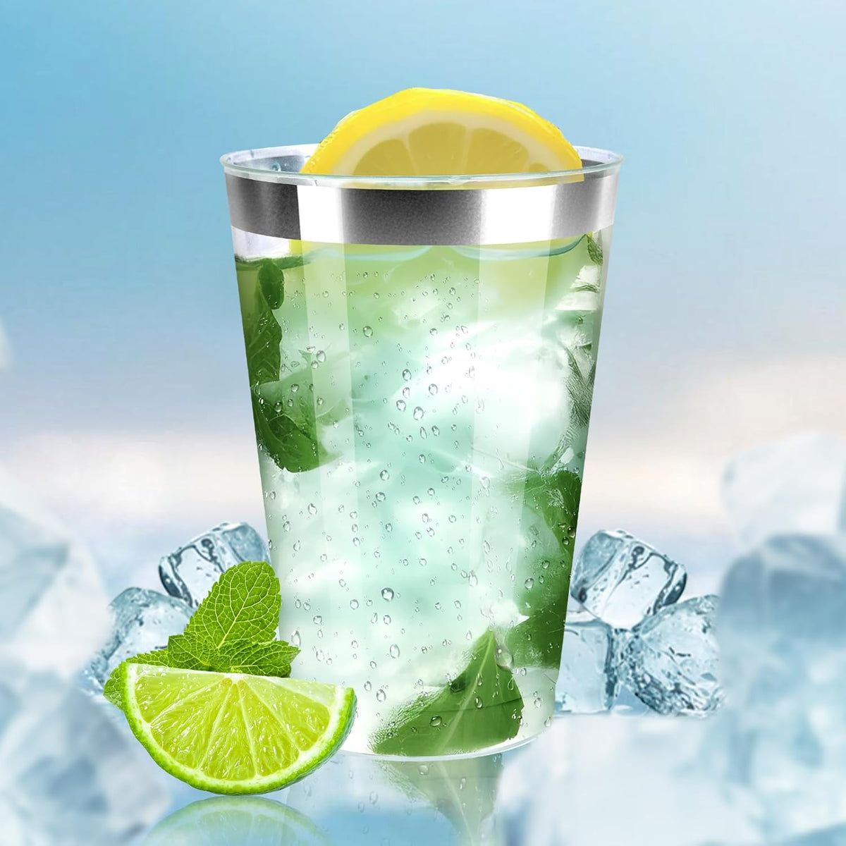 [200 Pack 12oz Clear Plastic Cups with Silver Rimmed Sturdy & Food Safe Disposable Wine Glasses