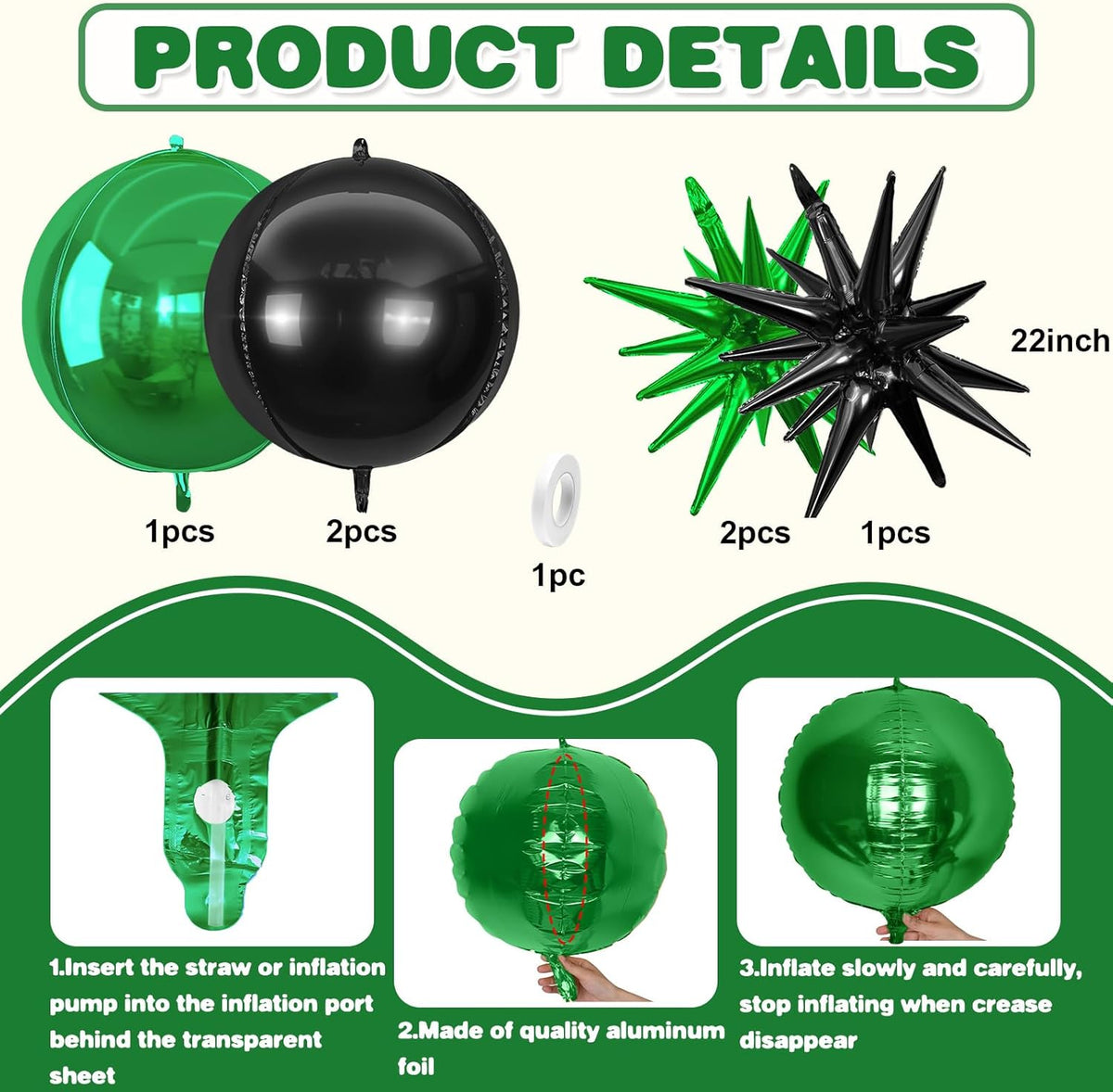 6Pcs Black Green Foil Balloons,22Inch Black Green 4D Round Ball Balloon and Explosion Star Balloon
