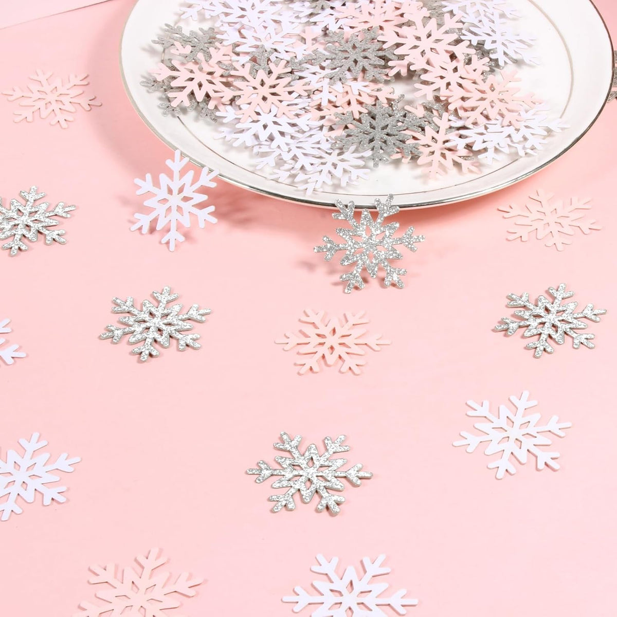 200PC White Pink Silver Snowflake Confetti for Winter Wonderland Decorations Small Snowflakes Table