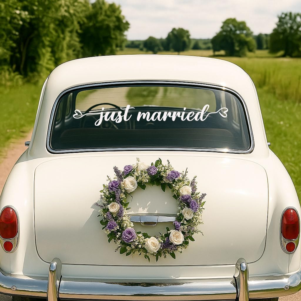 Just Married Vinyl Decal – White Wedding Car Sticker, 28 x 3.8 inch, Just Married Car Window Decal