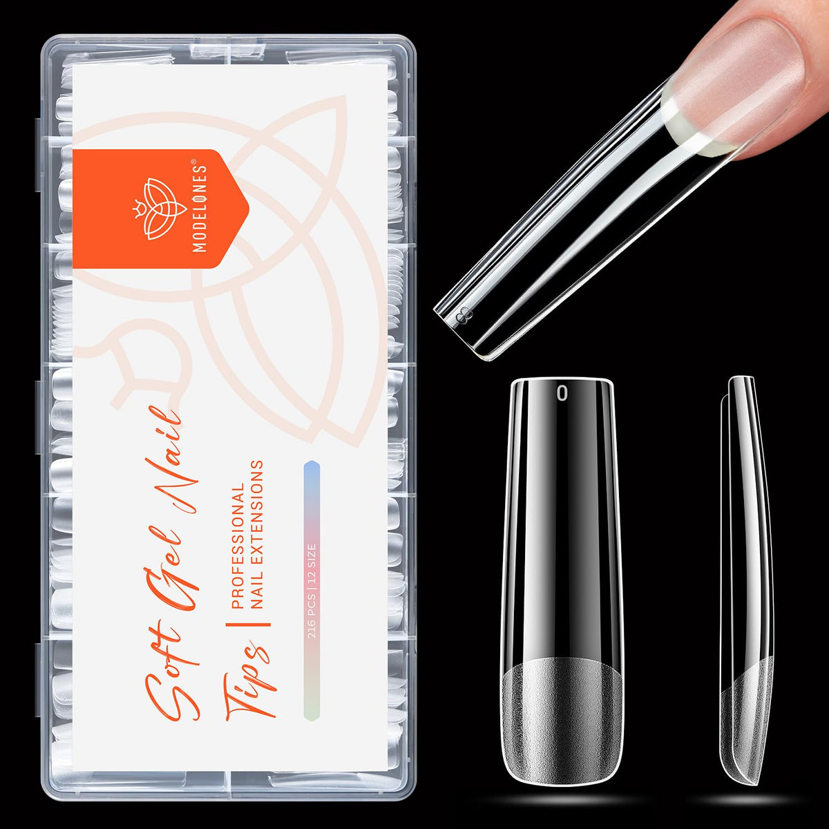 modelones XXL Long Square Nail Tips, Pre-shaped Soft Gel Tips Fake Nails False Acrylic Clear Full