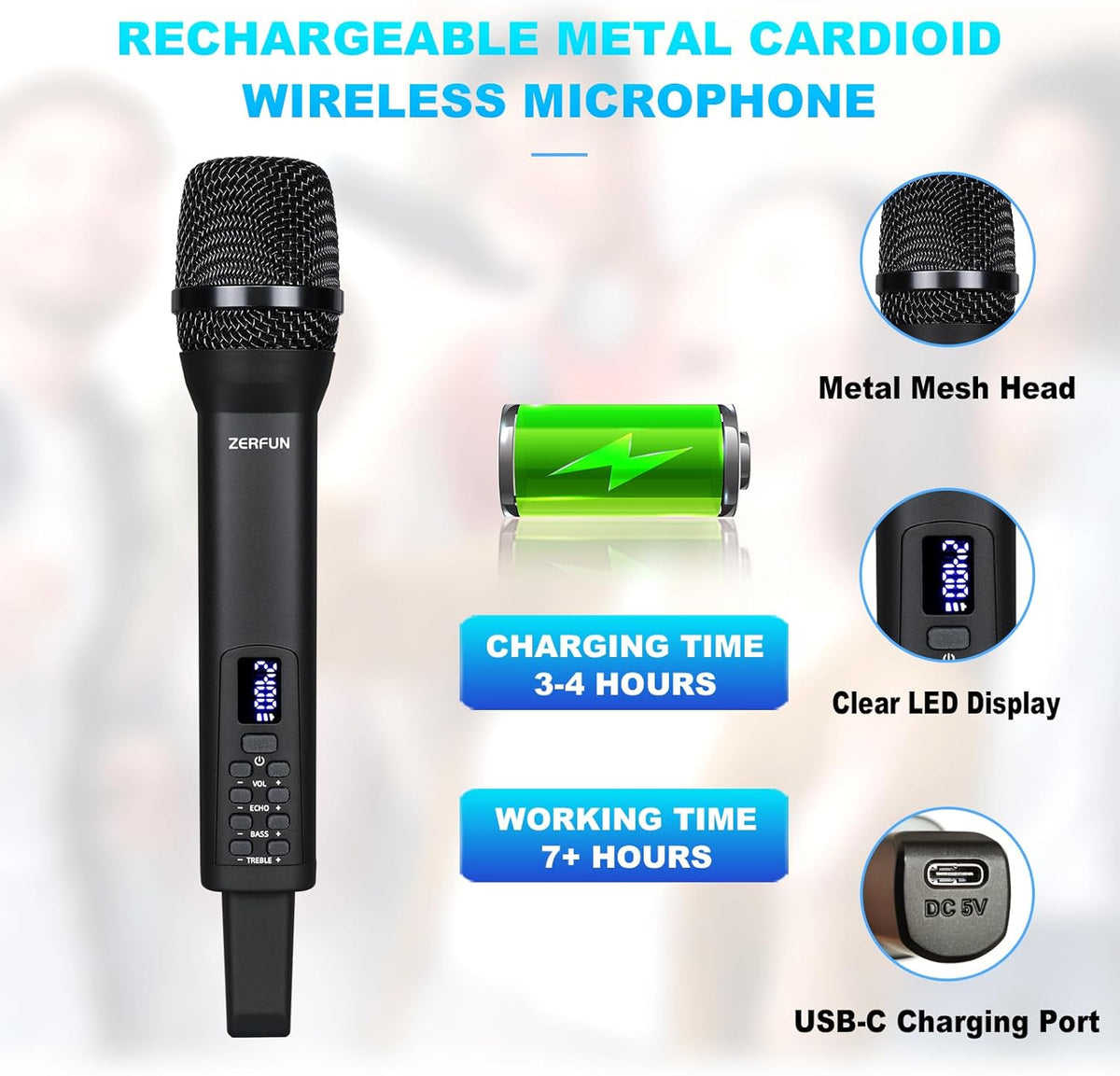 Rechargeable Wireless Microphone, Pro Handheld Cordless Mics System Dynamic with Echo Treble BASS