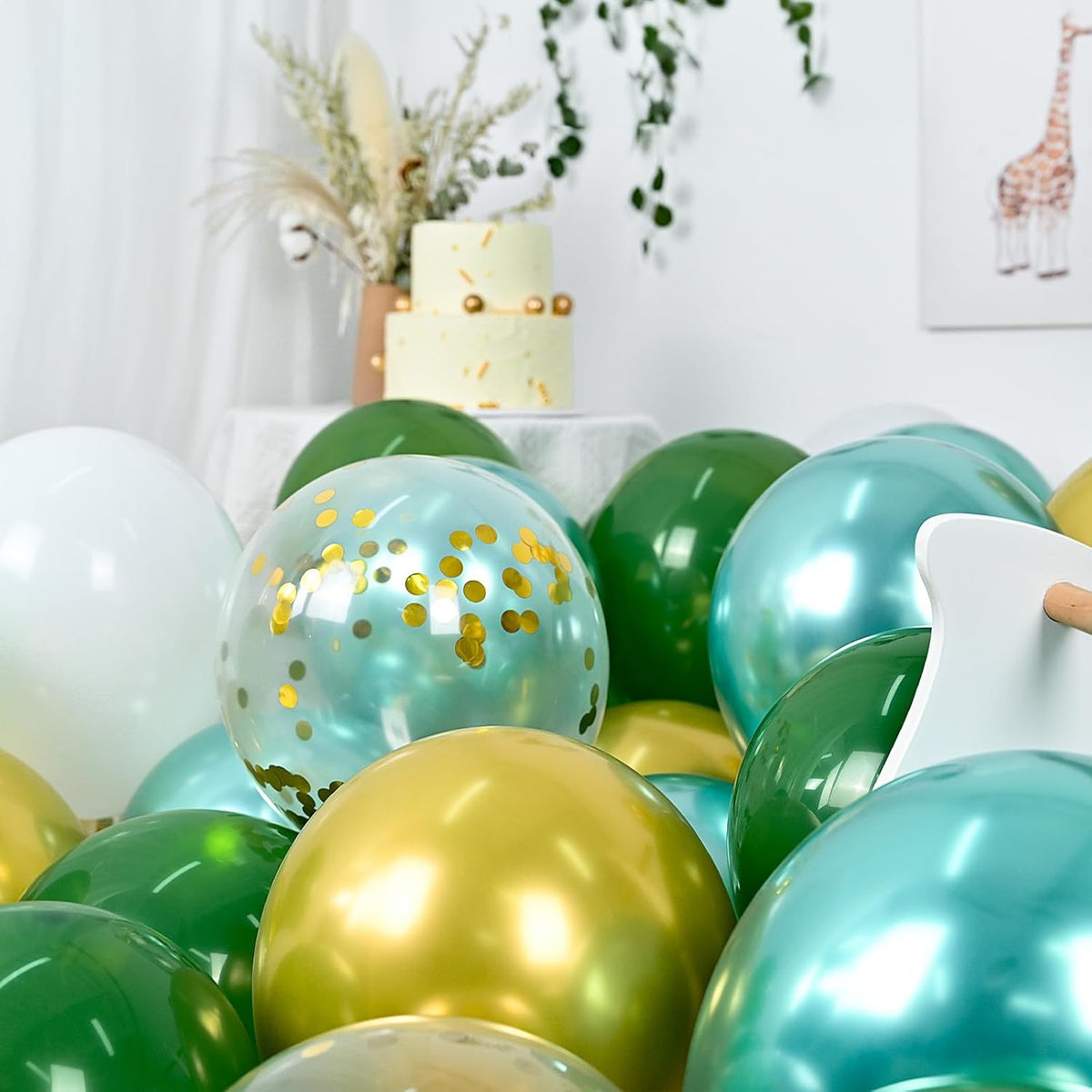 Metallic Green Gold Balloons, 60 Packs 12 Inch Dark Green White Gold Latex Balloons with Ribbons