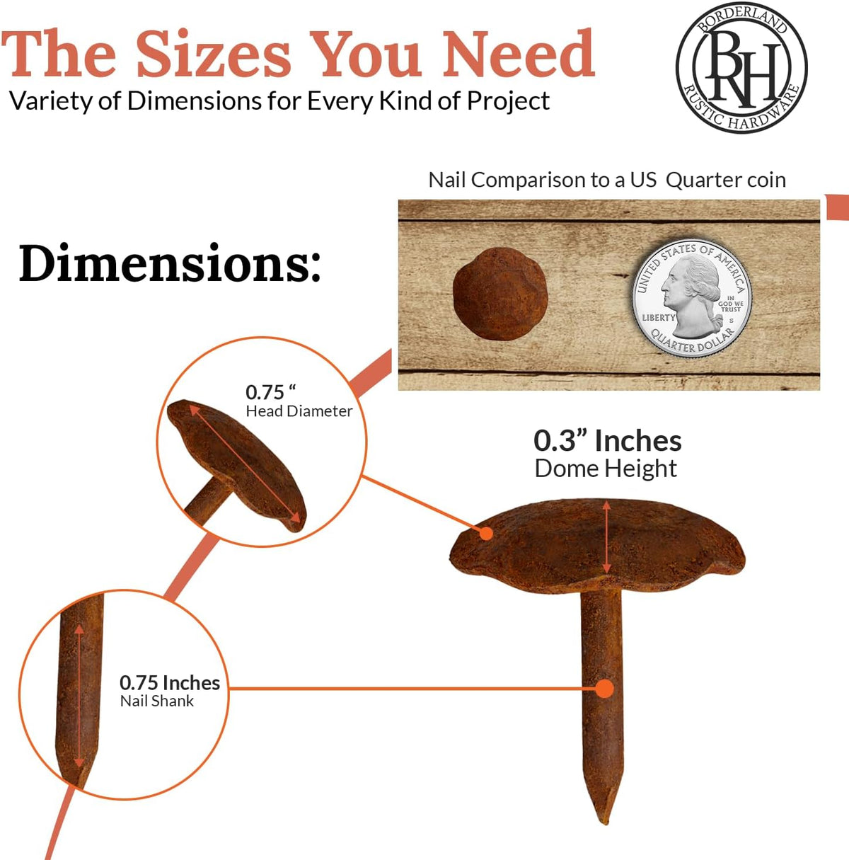 10 Pack 0.75" Round Head Iron Clavos Decorative Nails – Rusted – Handmade Rustic Round Fasteners