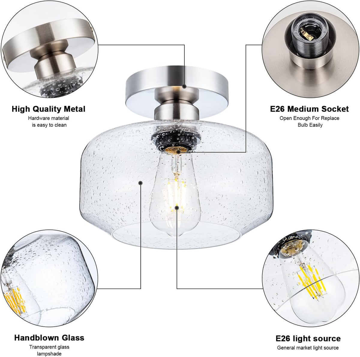 Semi Flush Mount Ceiling Light, Vintage Style - Clear Seeded Glass & Brushed Nickel with 900 Lumens