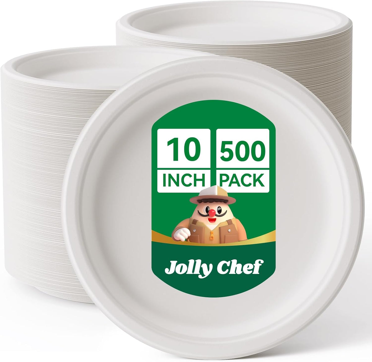 JOLLY CHEF Compostable Heavy Duty Plates 𝟭𝟬 𝗜𝗻𝗰𝗵 [𝟱𝟬𝟬 𝗣𝗮𝗰𝗸] Eco-Friendly Disposable