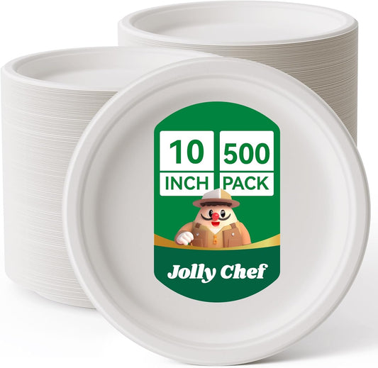 JOLLY CHEF Compostable Heavy Duty Plates 𝟭𝟬 𝗜𝗻𝗰𝗵 [𝟱𝟬𝟬 𝗣𝗮𝗰𝗸] Eco-Friendly Disposable