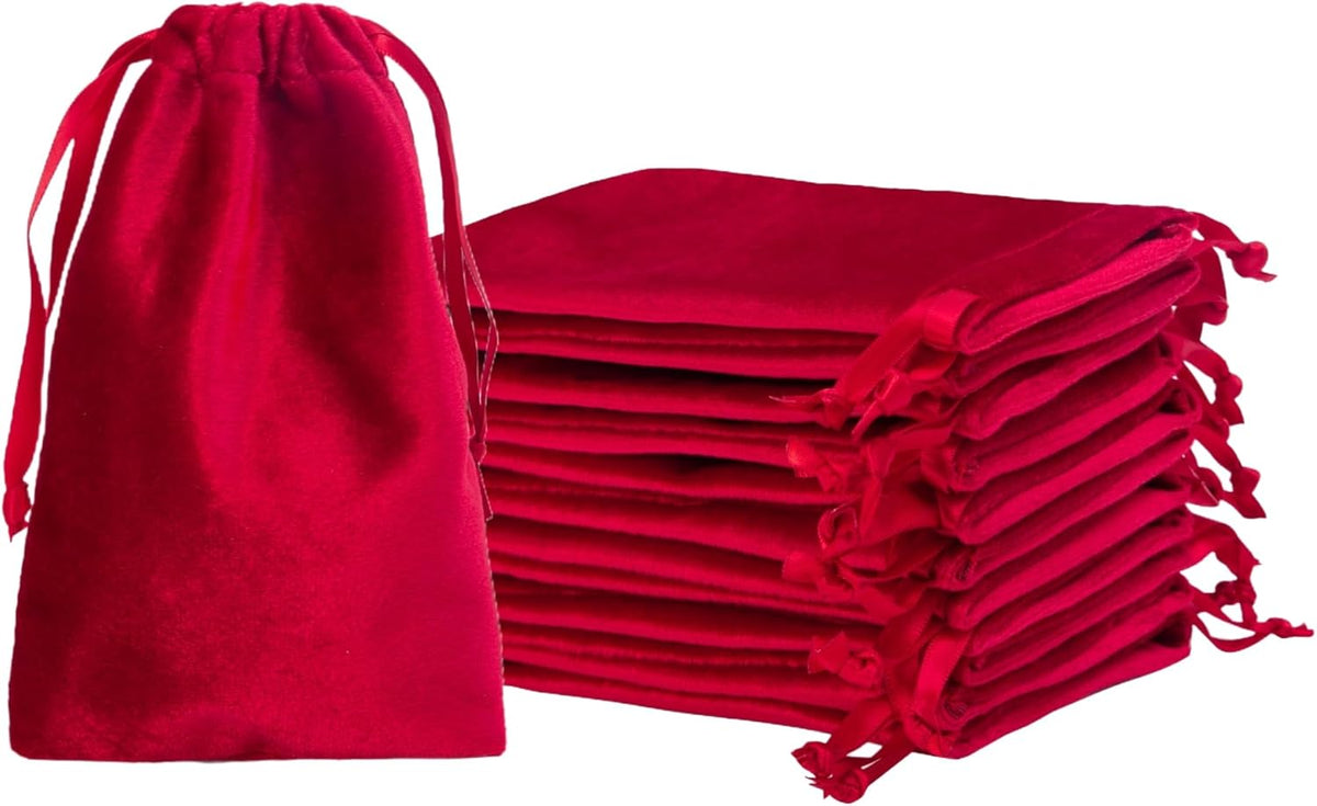 QIANF 12pcs Red Velvet Drawstring Bags 4x6 inches Velvet Cloth Small Gift Bags Jewelry Pouches for