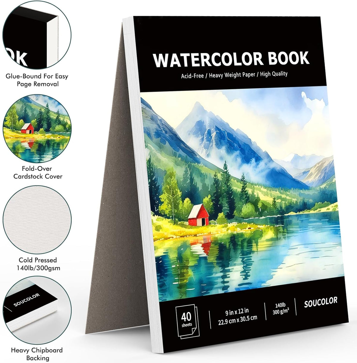 Soucolor Watercolor Paper Pad, 9"x12" Water Color Paper, 140lb/300gsm 40 Sheets Artist Painting