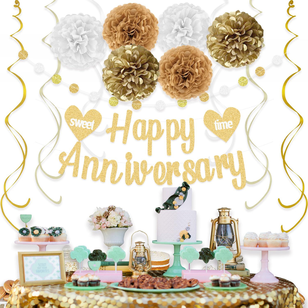 Happy Anniversary Decorations with Gold Happy Anniversary Banner, 18pcs