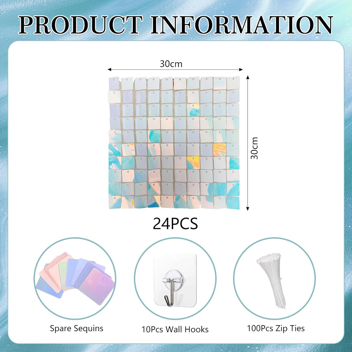 24PCS Colorful Blue Shimmer Wall Backdrop, Square Sequin Backdrops Panel, Glitter Wall Background