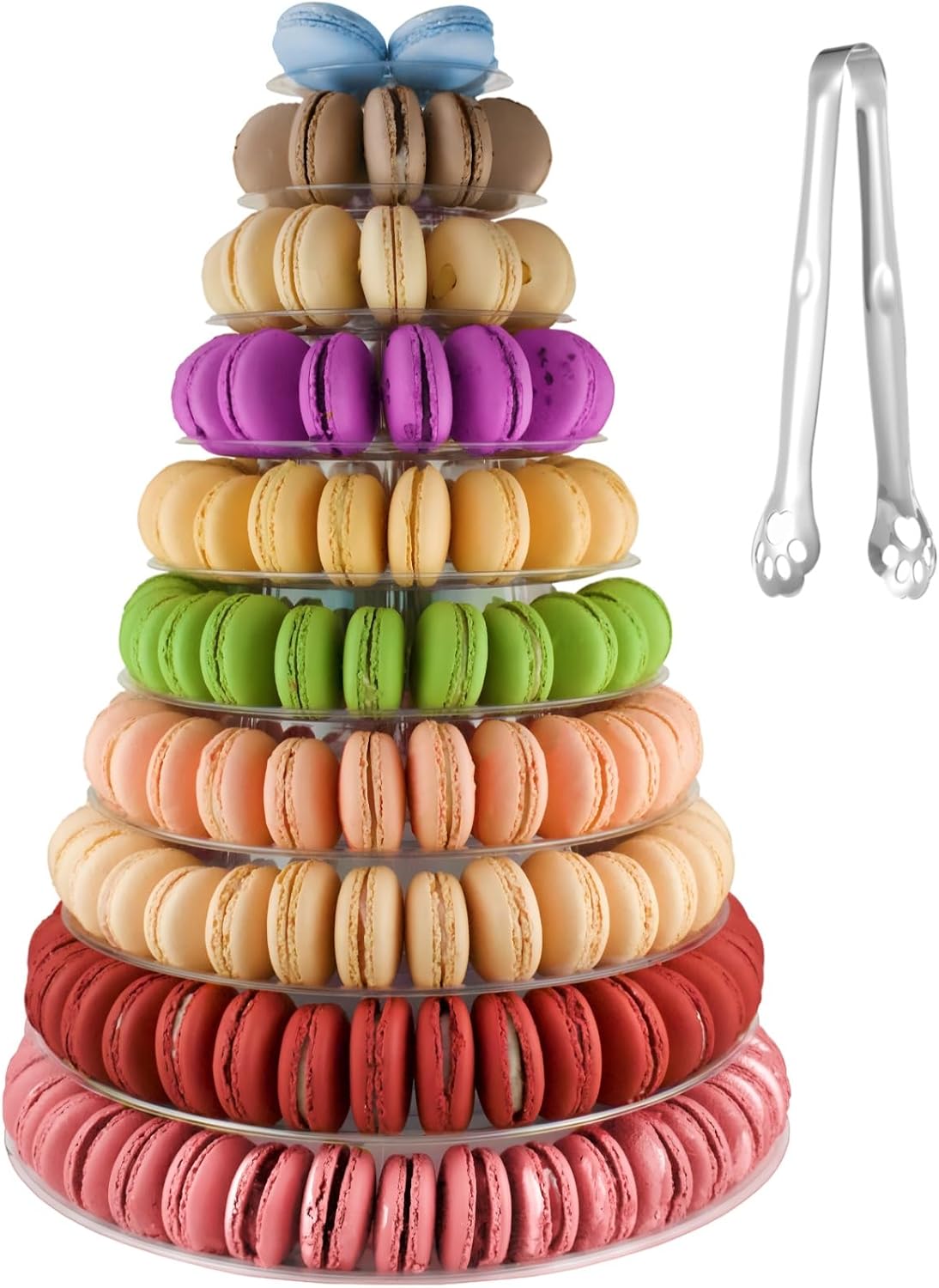 10-Tier Clear Macaron Display Stand, Plastic Macaron Tray Tower with Stainless Steel Serving Tongs