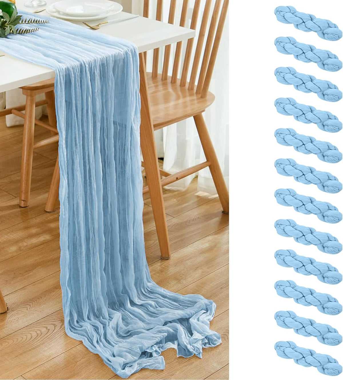 12 Pack Light Blue 10 Ft Cheesecloth Table Runner 20x120 Inch Boho Wrinkled Sheer Romantic Gauze