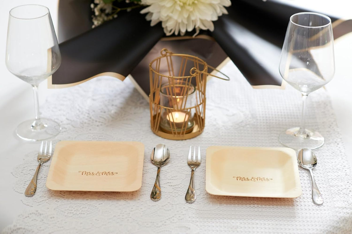 Mrs. and Mrs. Disposable Wedding Plates – Rustic, Compostable Alternative to Plastic Plates for