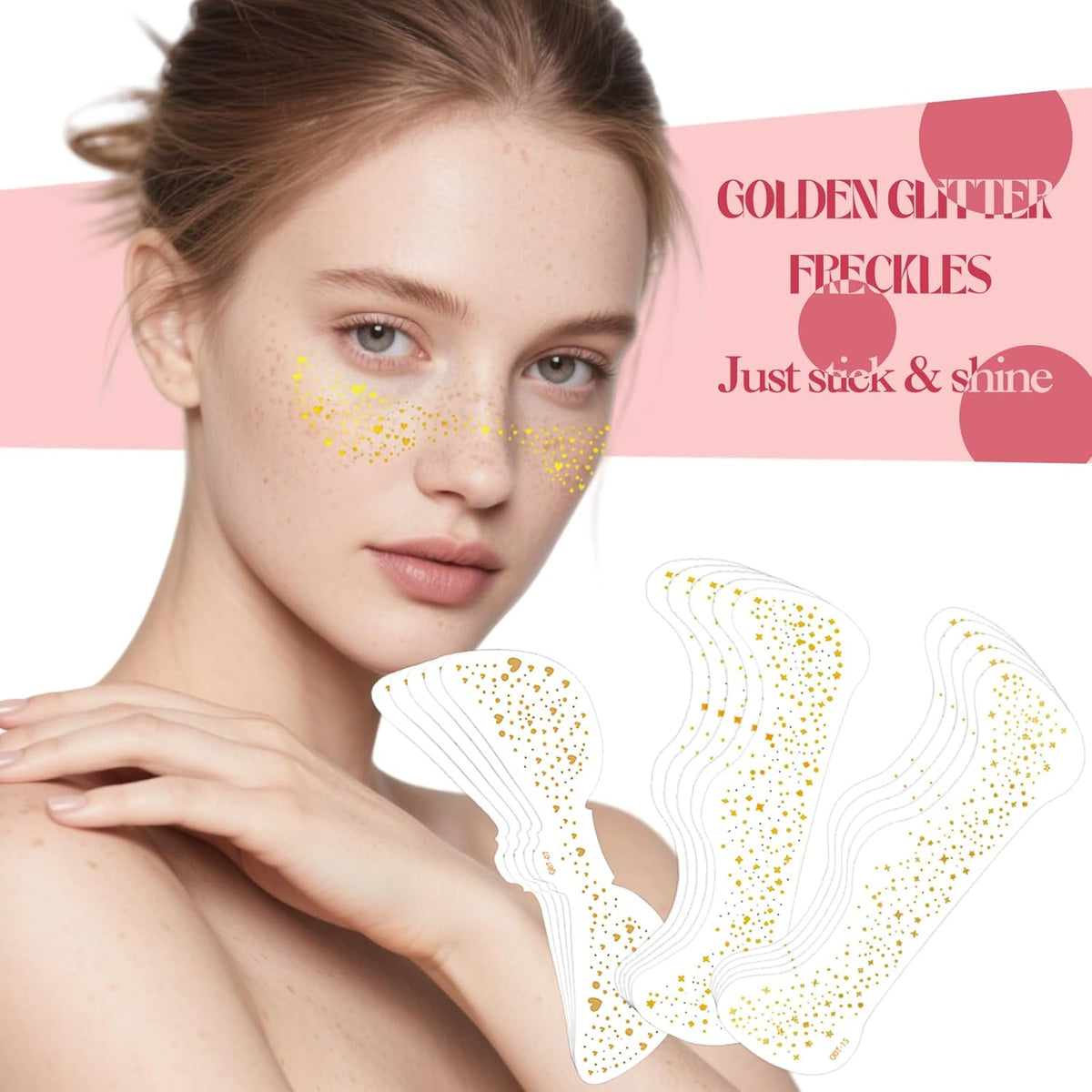 Gold Glitter Freckles Face Tattoo, 15 Pcs Waterproof Gold Sparkle Freckle Temporary Tattoo