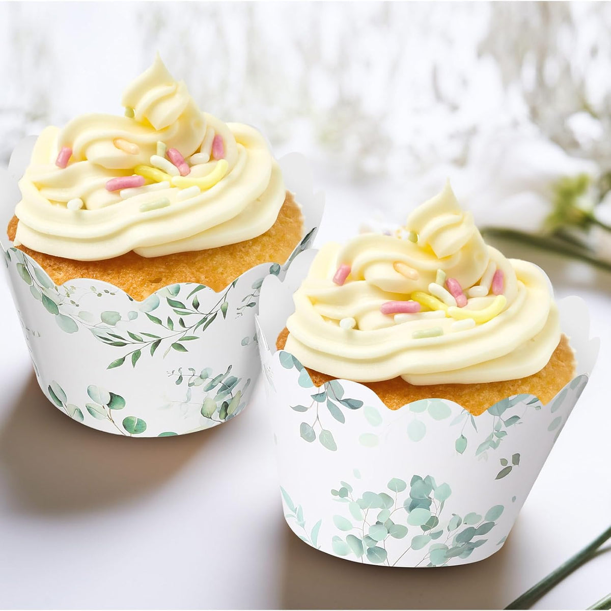 Domensi 100 Pcs Eucalyptus Cupcake Wrappers Rustic Cupcake Liners Green Tulip Baking Cups Baking