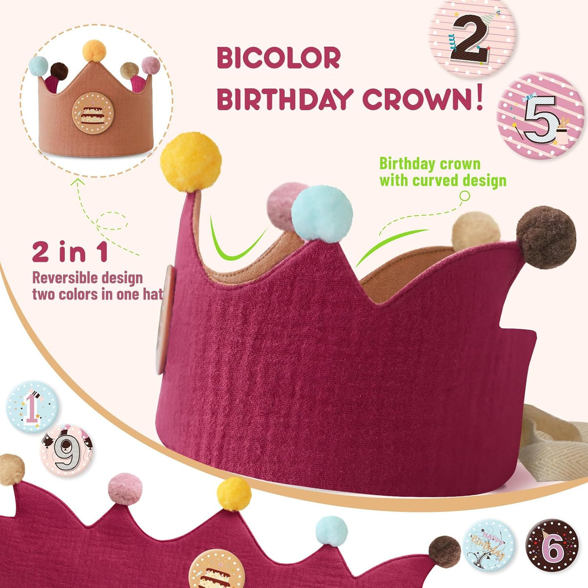 Reusable Birthday Crown with Numbers,Kids Birthday Hat Fabric Crown Pertain Kids Boy Toddler Girl