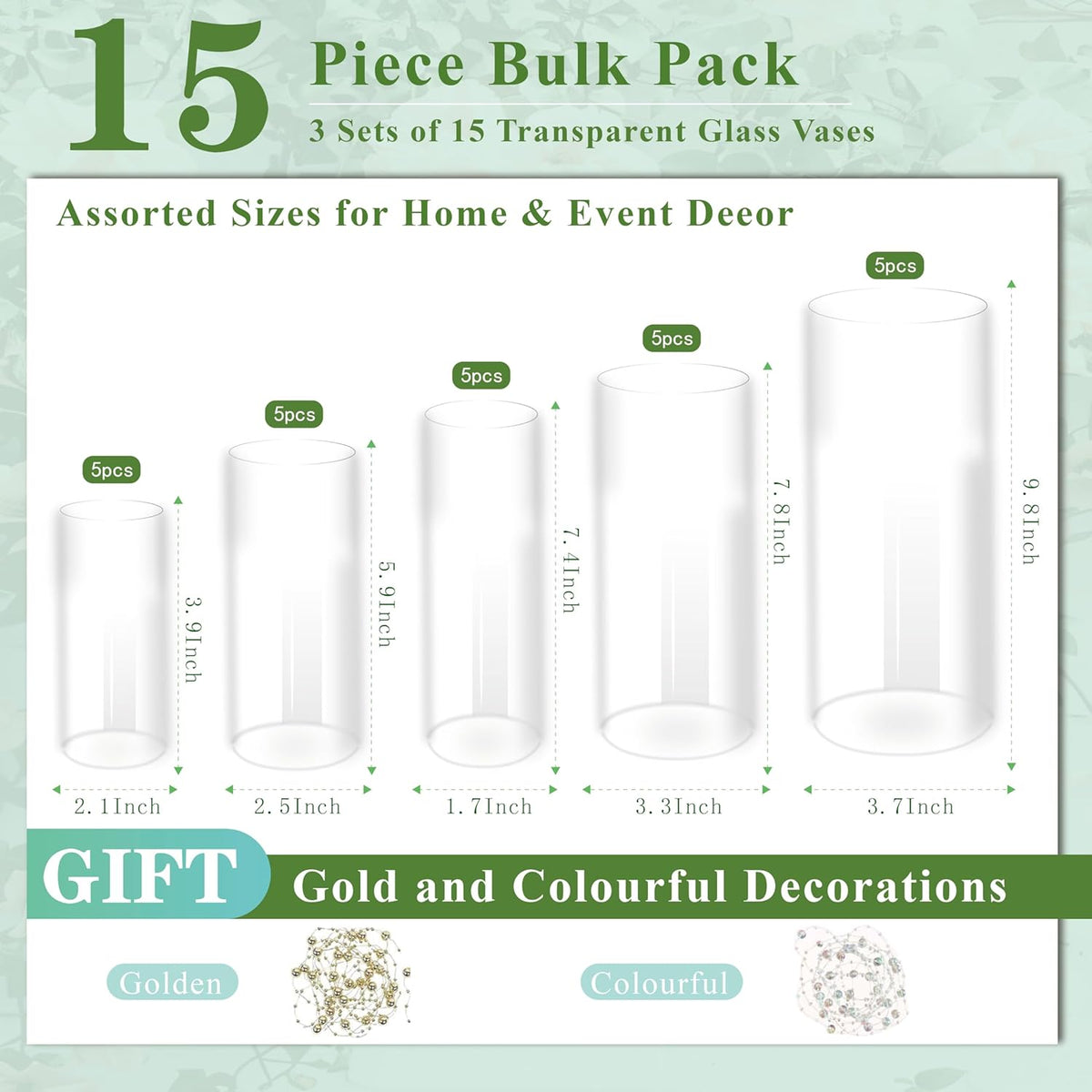 15pcs Clear Glass Vase for Centerpieces, 4,6,7.5,8,10 inch Tall Cylinder Flower Vase Bulk Floating