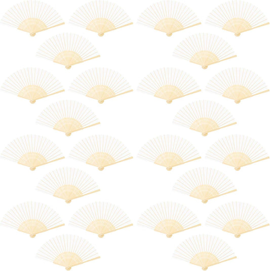 URATOT 24 Pieces White Folding Fans Silk Bamboo Folding Fans Handheld Fan for Wedding, Party